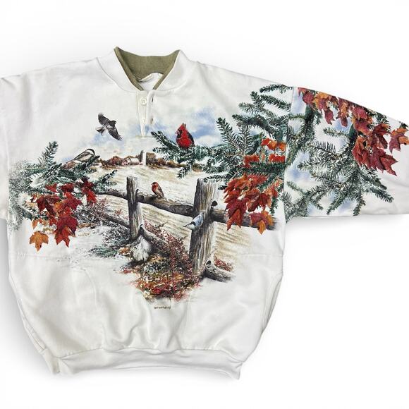 Vintage Art Unlimited Winter Birds Henley Crewneck Sweatshirt Chickadee Cardinal - Picture 3 of 9